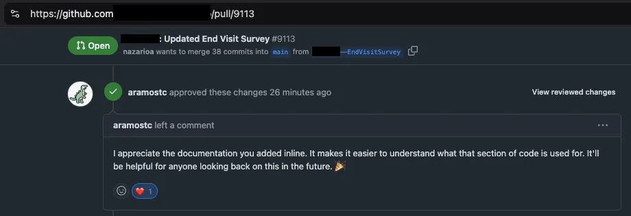 PR screenshot receiving appreication for comments